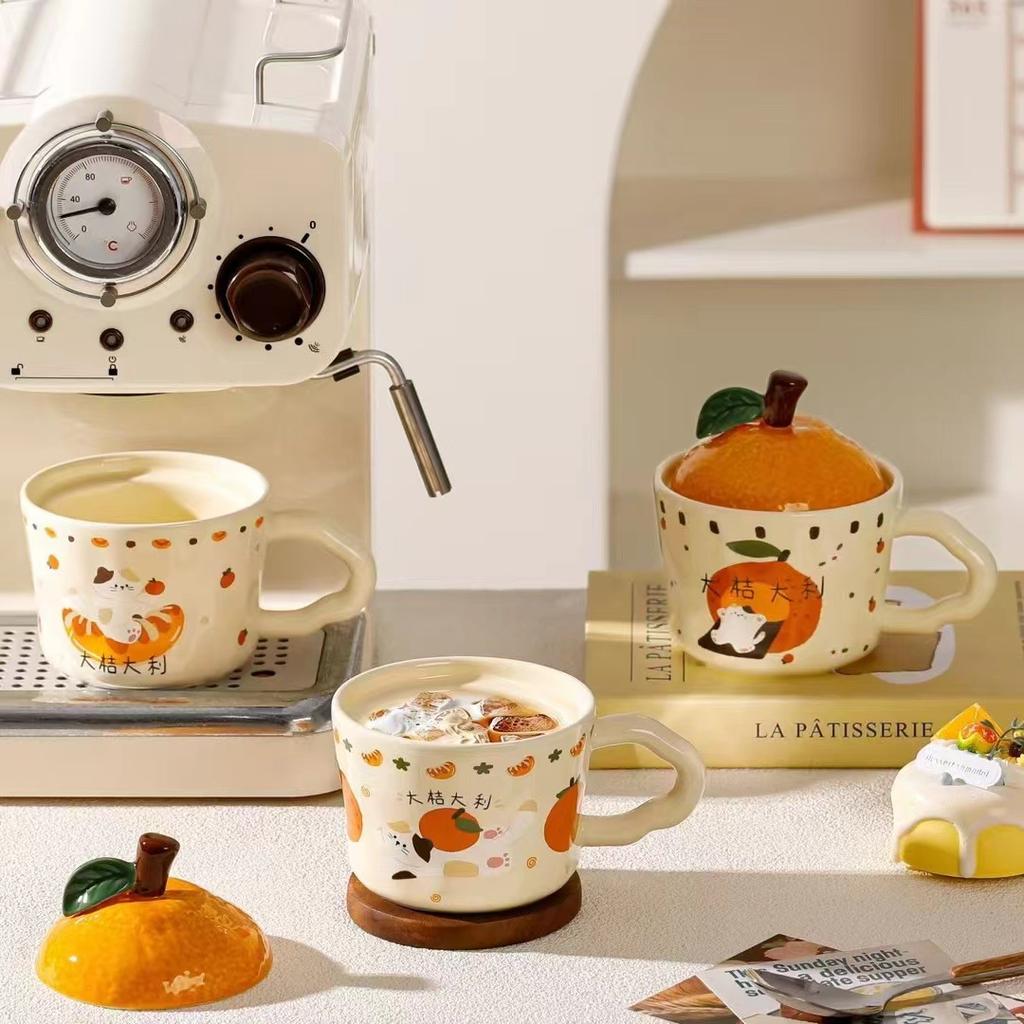 Cute Orange Cat Mug with Lid Creative Good Luck Cup Girls Home Coffee Cup Chinese New Year Gift