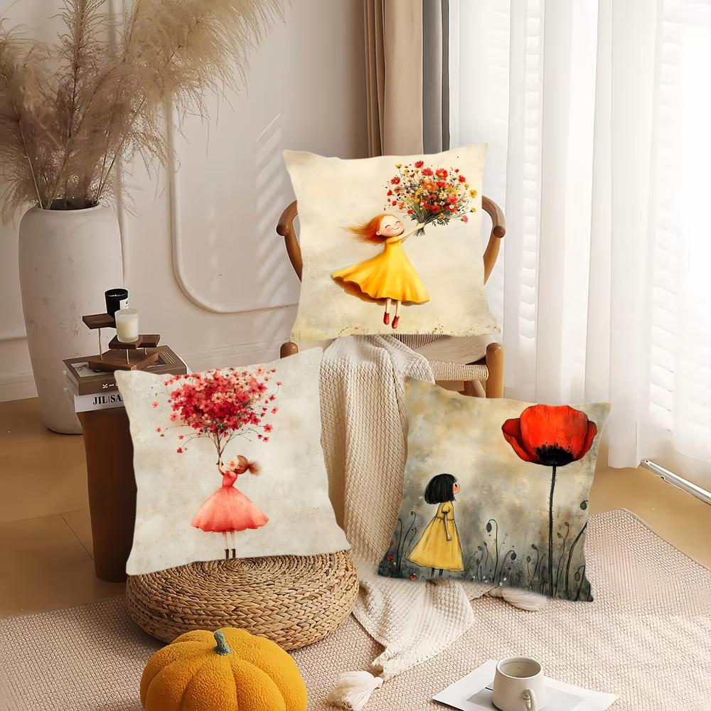 The girl is holding flower Cushion Cover Silky Short Plush DoubleSided Printed Pillow Case for Sofa All Seasons Home Decor Gift