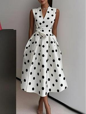 Vestido de Noche sin Mangas de Lunares Estilo Hepburn Retro con Dobladillo Ancho