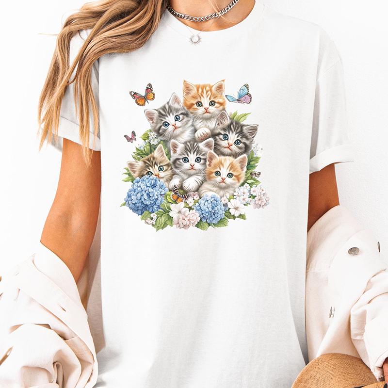 Watercolor Floral Kitten Graphic Tee Adorable Design With Cats Hydrangeas And Butterflies Soft Short Sleeve Casual Top For Summer