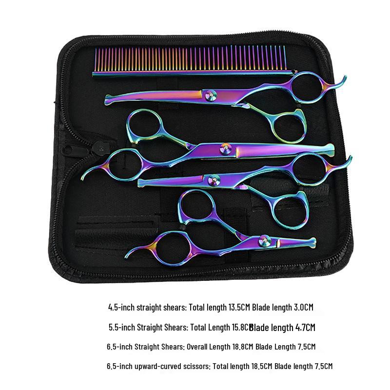 All-Steel Pet Grooming Scissors Set: Flat-Tooth & Curved Trimmers for Dog Hair Care.