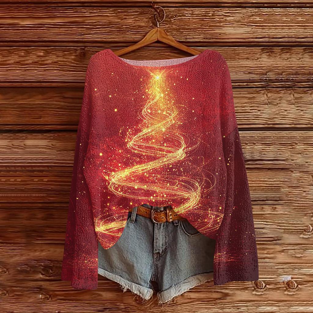 Women's Fashion Round Neck Long Sleeve Christmas Print Casual Pullover Sweater Top