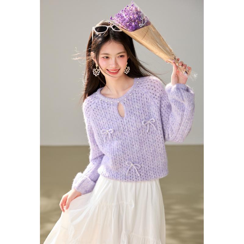 Autumn 2026 Purple Knit Sweater with Korean Bow Décor