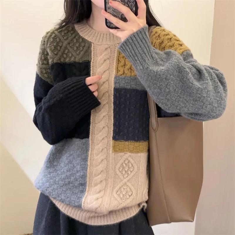 2025 Women's Autumn/Winter Color Block Wool Sweater: Korean Style Round Neck Long Sleeve Knit Pullover