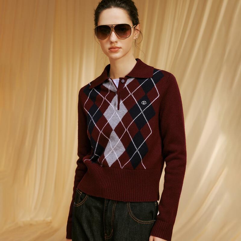 Women's 100% Lambswool Argyle Lapel Knit Sweater
