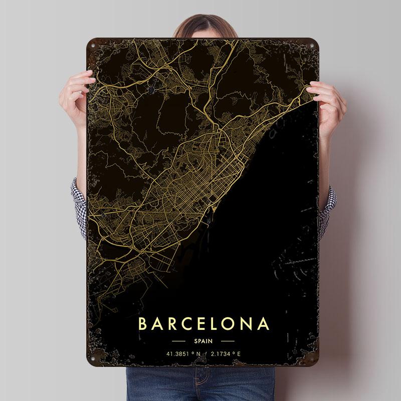 Barcelona City Map Gold Poster Customized Wall Art Vintage Metal Signs Retro Tin Plaque for Man Cave Decoration Home Decorations