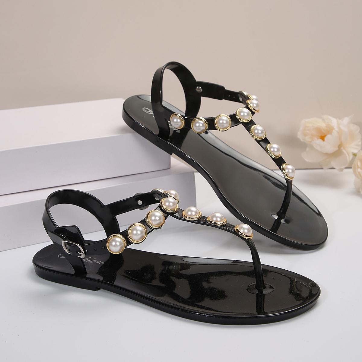 

Летние сандалии для девочек с юбками, новый стиль, фея, жемчуг, плоская подошва, универсальные, пляжные, морские, водонепроницаемые 41 чёрный