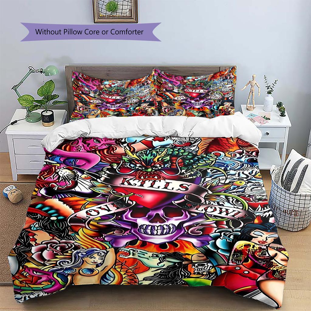 Hardy Tattoo Pattern Bedding Quilt Set Quilt Cover Pillowcase Home Decoration Gift (1 * Duvet Cover + 2 * Pillowcase, Without Core)