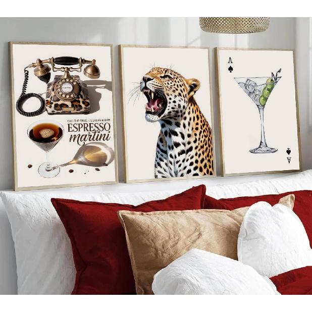 Leopard Set of 3 Canvas Wall Art Trendy Cheetah Wall Decor Painting Pictures Espresso Martini Posters Prints Preppy Aesthetic Artwork for Women