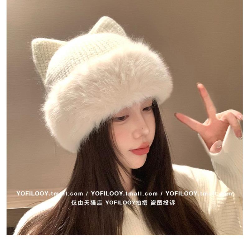 Women Winter Knit Hat With Cute Cat Ears Thick Warm Ear Protection