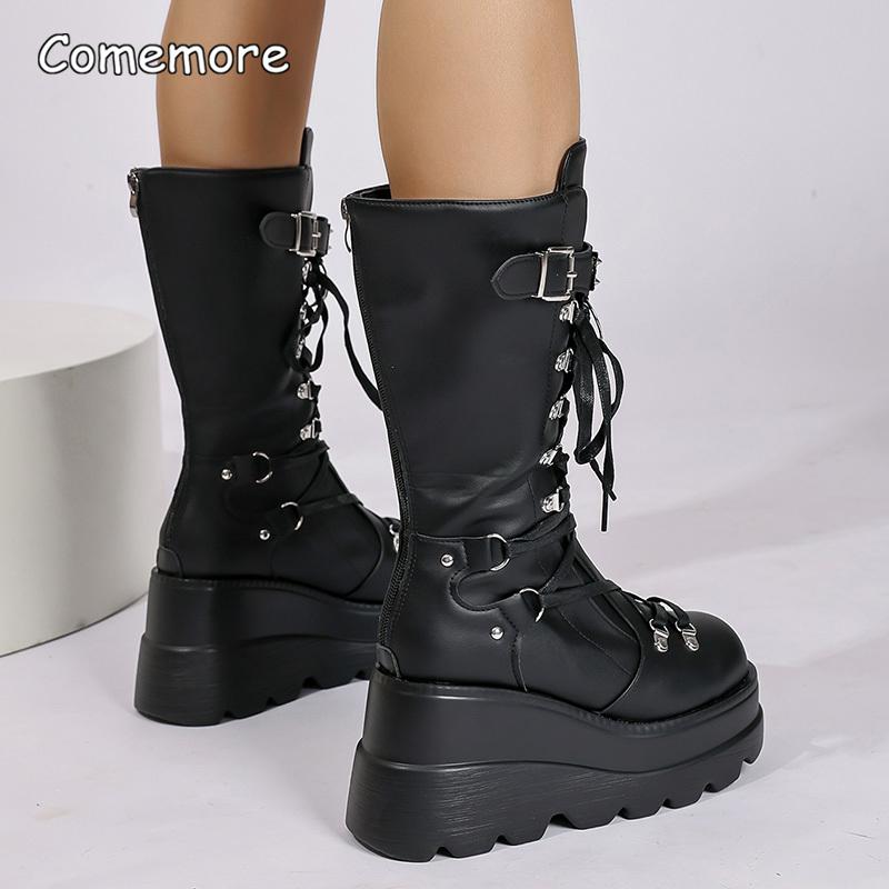 Fashion Punk Style Platform Motorcycle Boots Women Fashion Rivet Buckle Decor Black Booties Woman Thick Sole Wedge Heel Mid Calf Boots