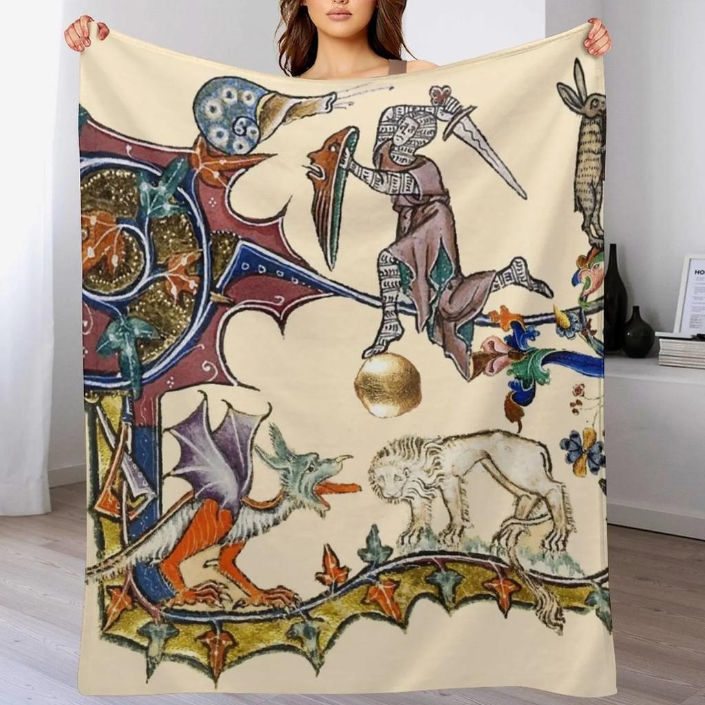 WEIRD BESTIARYMEDIEVAL KNIGHT FIGHTING SNAILDRAGON AND LION by Bulgan Lumini Throw Blanket Bed blanket king size