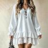 Abito da donna con scollo a V, maniche lunghe, orlo arricciato e bordi in pizzo, Colore, Elegante
