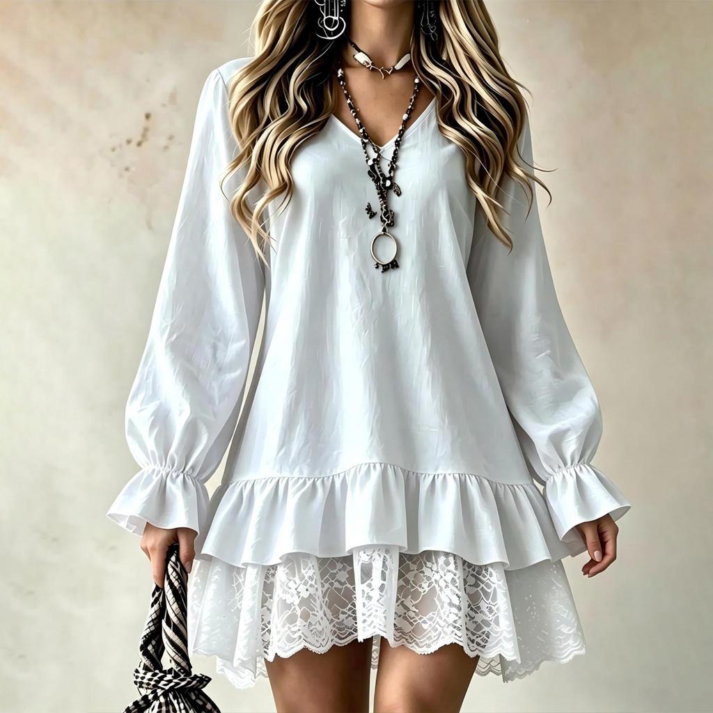 Abito da donna con scollo a V, maniche lunghe, orlo arricciato e bordi in pizzo, Colore, Elegante