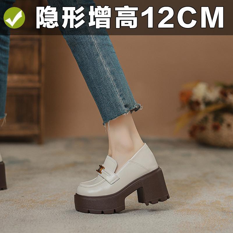 

12Cm small inner height increase female Arc de Triomphe platform super high heel white British small leather shoes small size 32 32