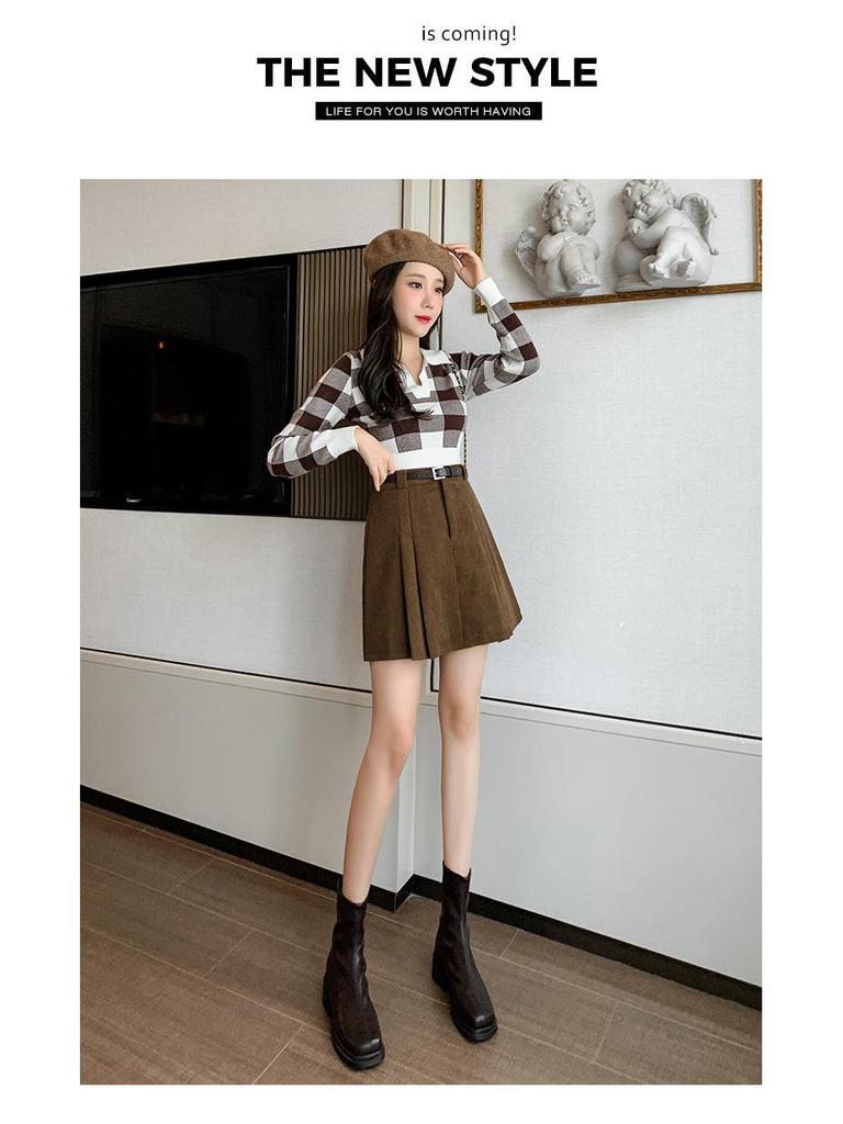 Women's High-Waisted Corduroy Wool Pleated A-line Skirt with Anti-Exposure Shorts - 2025 Autumn/Winter Collection