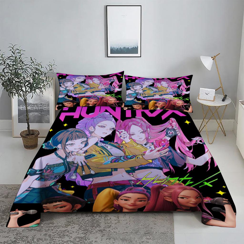 Huntrix, Rumi, Mira D-Dämonenjäger K-Pop Bettwäsche-Set 3D-bedrucktes Bettlaken mit Kissenbezug Bettwäsche King Queen Size