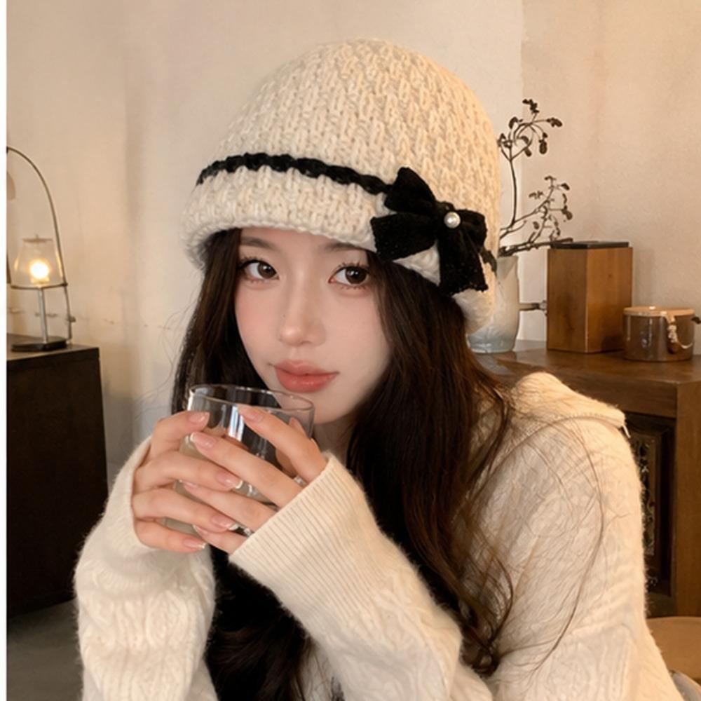 Hand-Knitted Bucket Hat 3D Bow Crochet Beanie Hat Elegant Knitted Basin Hat