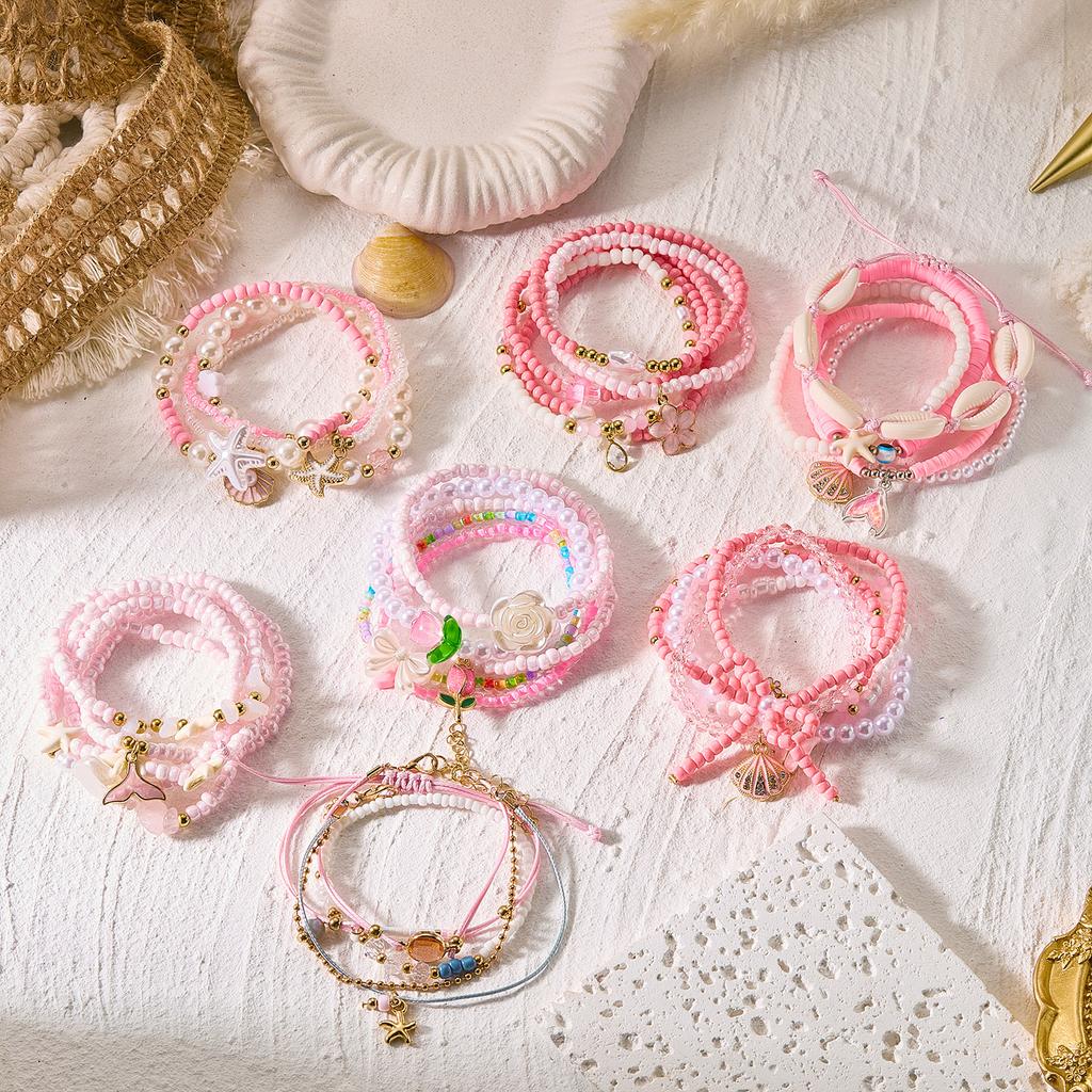Sweet Pink Rice Bead Bow Bracelets Set for Women Bohemian Summer Shell Starfish Flower Bracelets Trendy Multi Layer Jewelry