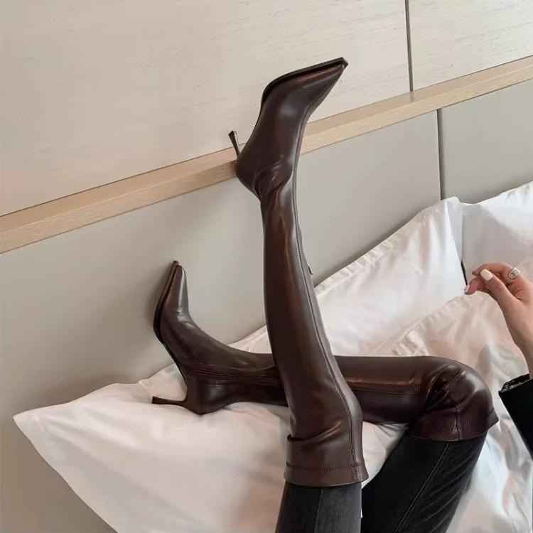 Pointed elastic high-heeled knee boots for women's autumn and winter new sexy thin-heeled leather-faced spice girls thin boots