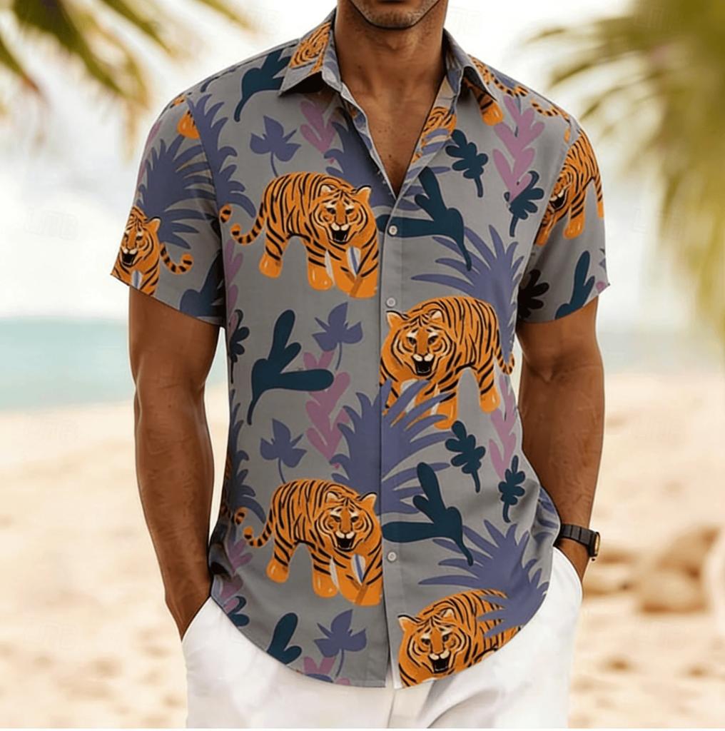 Hawaiian Short-Sleeve Shirt with Tiger & Tropical Print, Great for Beach Wear.