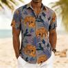 Hawaiian Short-Sleeve Shirt with Tiger & Tropical Print, Great for Beach Wear.