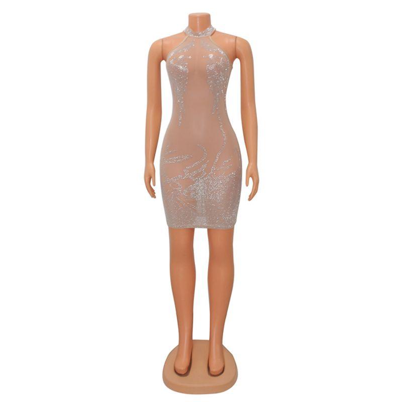 

Европейское и американское сексуальное облегающее платье из сетки с прозрачными стразами Apricot 2XL