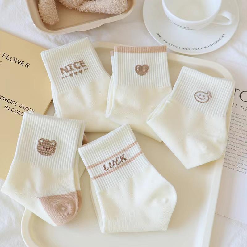 5 pairs/Pack Spring Summer Women's Socks Cute Short Socks Korean Style Bear Smile Face Letters Print Ankle Socks