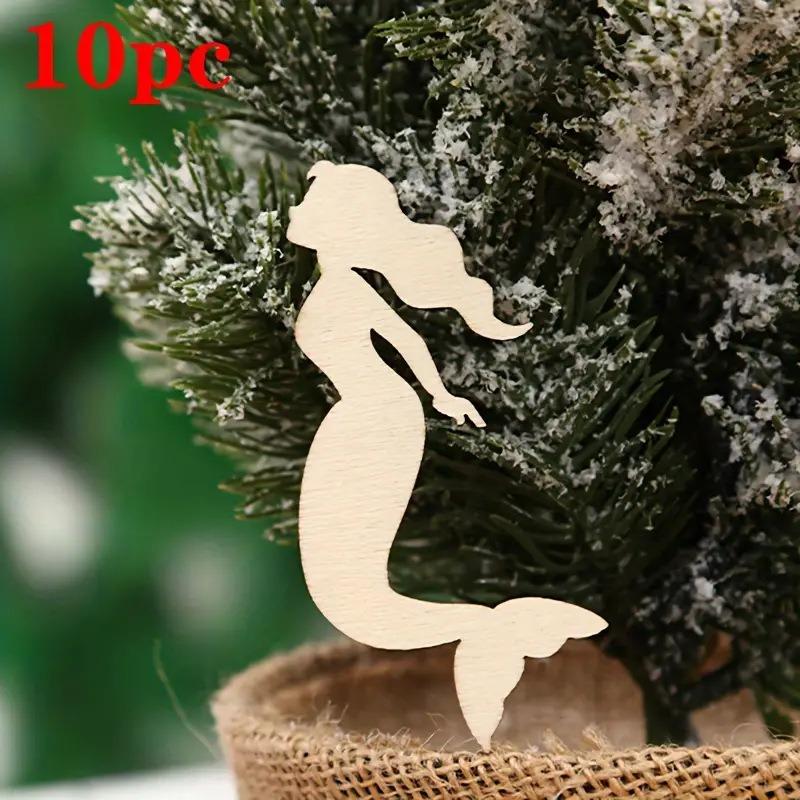 10pcs Unfinished Mermaid Shaped Wood Mermaid Tag Hanging Wood Cutout Blank Wood Slices Wooden Tags for Beach and Nautical Decor