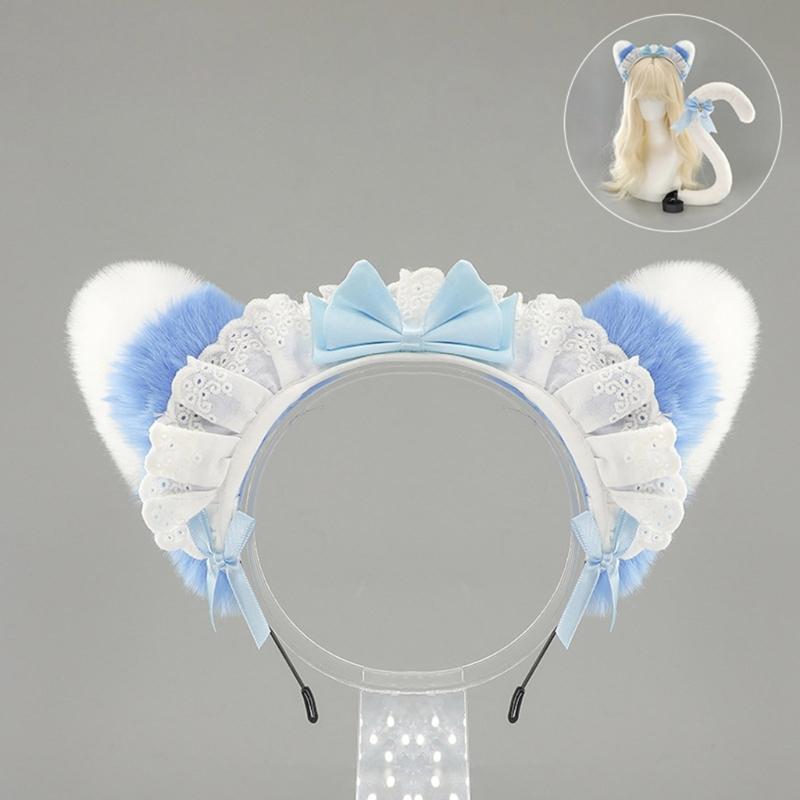 Fasce per Capelli con Orecchie da Gatto Peluche Per Costumi da Cameriera Anni 2000 Accessorio per Capelli Morbido con Fiocco a Nastro 6 Colori