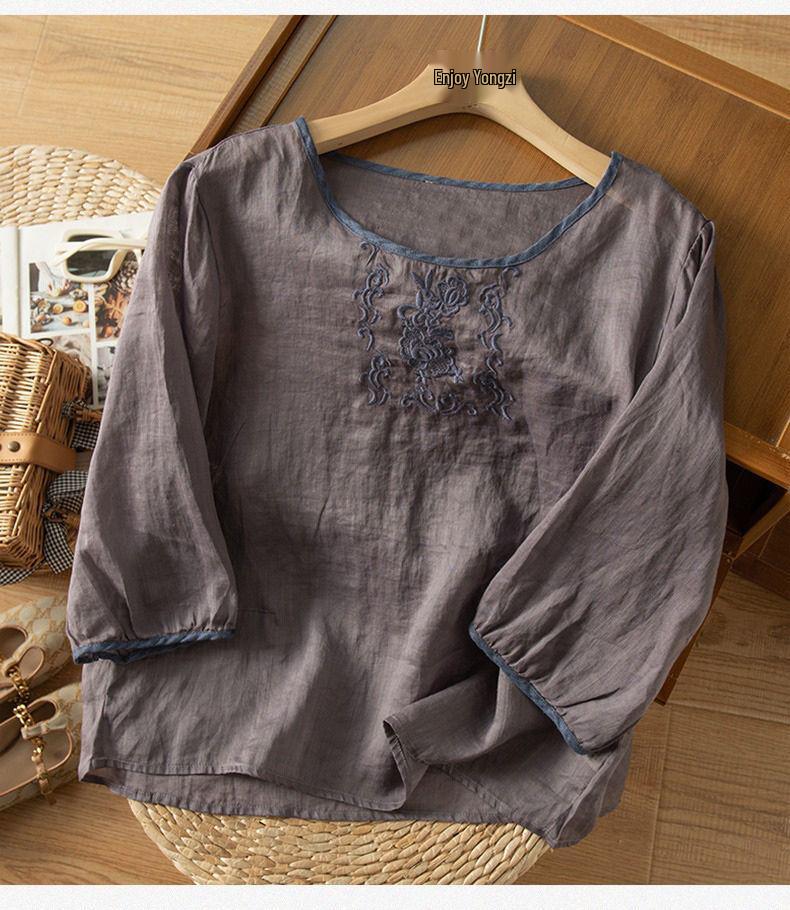 2024 Summer Retro Embroidered Cotton-Linen Colorblock Chinese Style Pullover Shirt