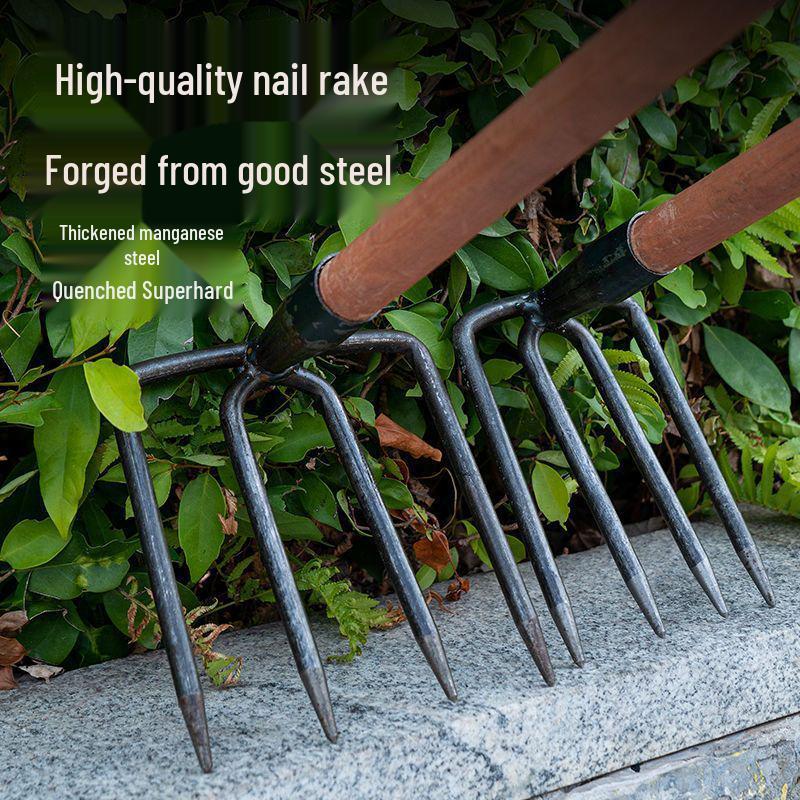 Heavy-Duty Iron Garden Rake: Three or Four Teeth for Soil Turning and Loosening In Vegetable Planting and Land Reclamation.