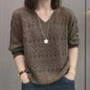 Fashion Western Style V-neck Hollow Thin Temperament Blouse Sweater All-match Long-sleeved Autumn