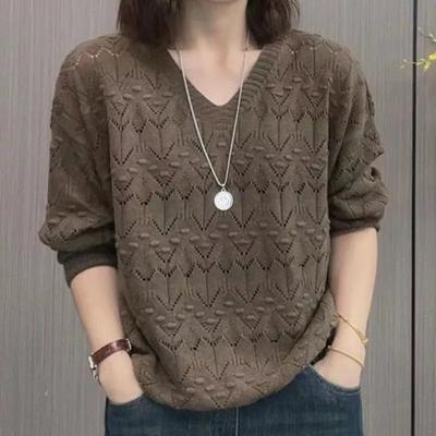 Fashion Western Style V-neck Hollow Thin Temperament Blouse Sweater All-match Long-sleeved Autumn