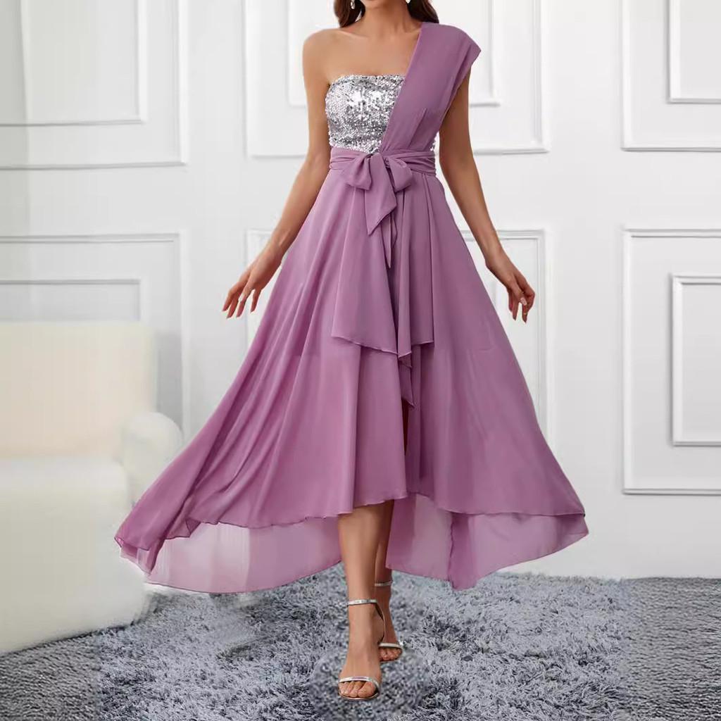 

Women Elegant Sleeveless Off Shoulder Sequins Ruffle Midi Long Dress Bride Bridesmaids Wedding Party Gowns