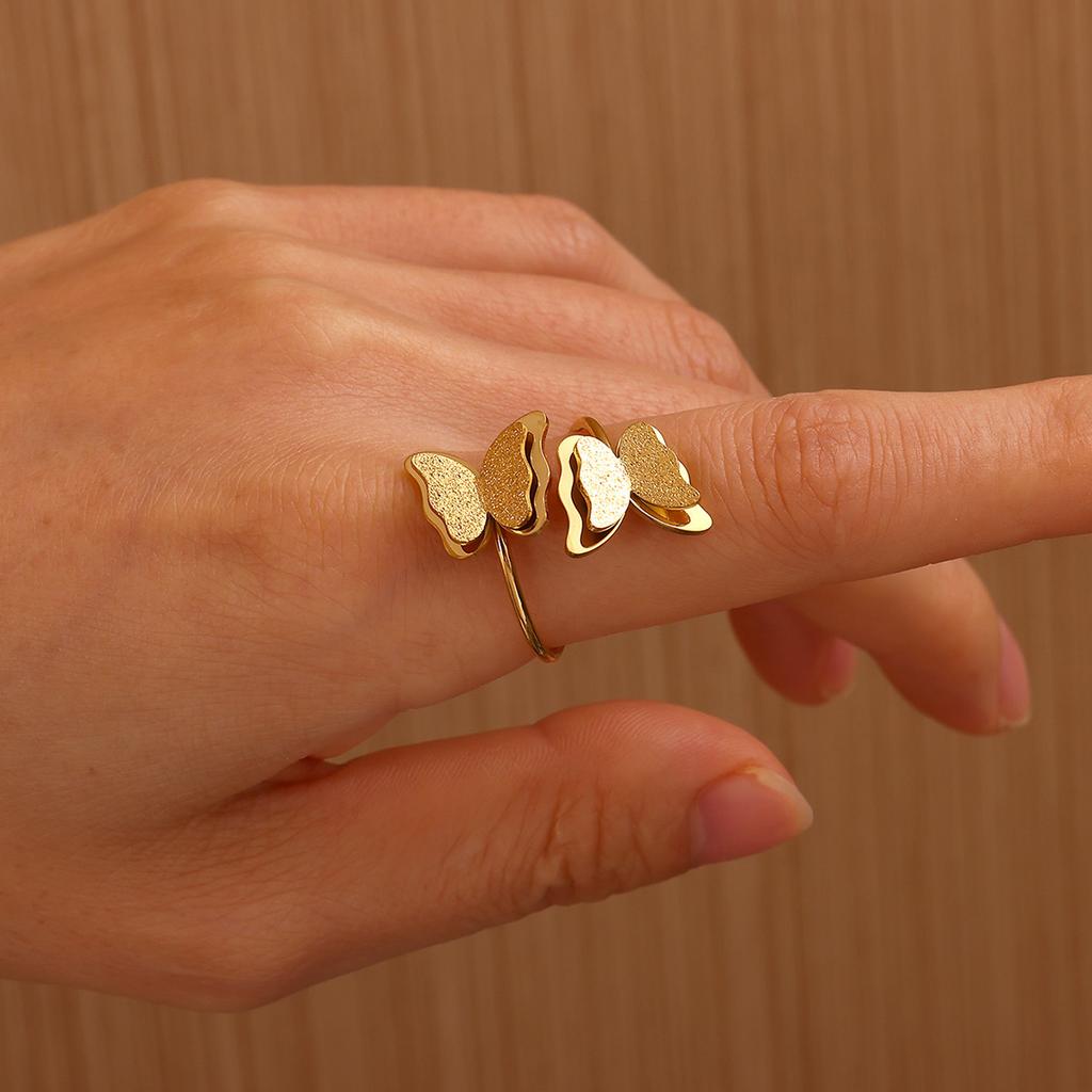 Classic Geometric Irregular Heart Gold Color Rings for Women Stainless Steel Exquisite Double Butterfly Rings Jewelry Party Gift