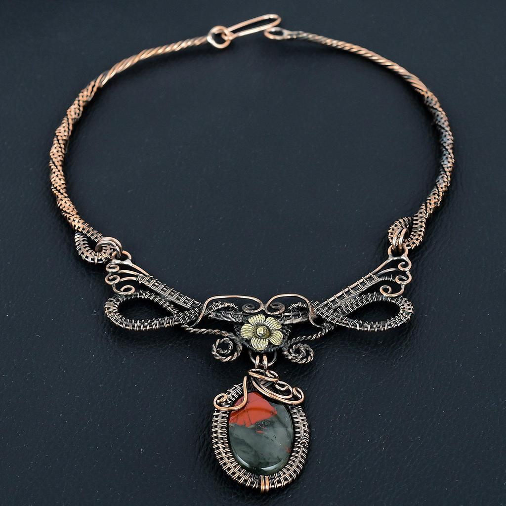 Bloodstone Necklace, 999 Copper Wire Wrapped Jewelry, Gemstone Jewelry Adjustable Chain Necklace, Handmade Wedding Gift Jewelry