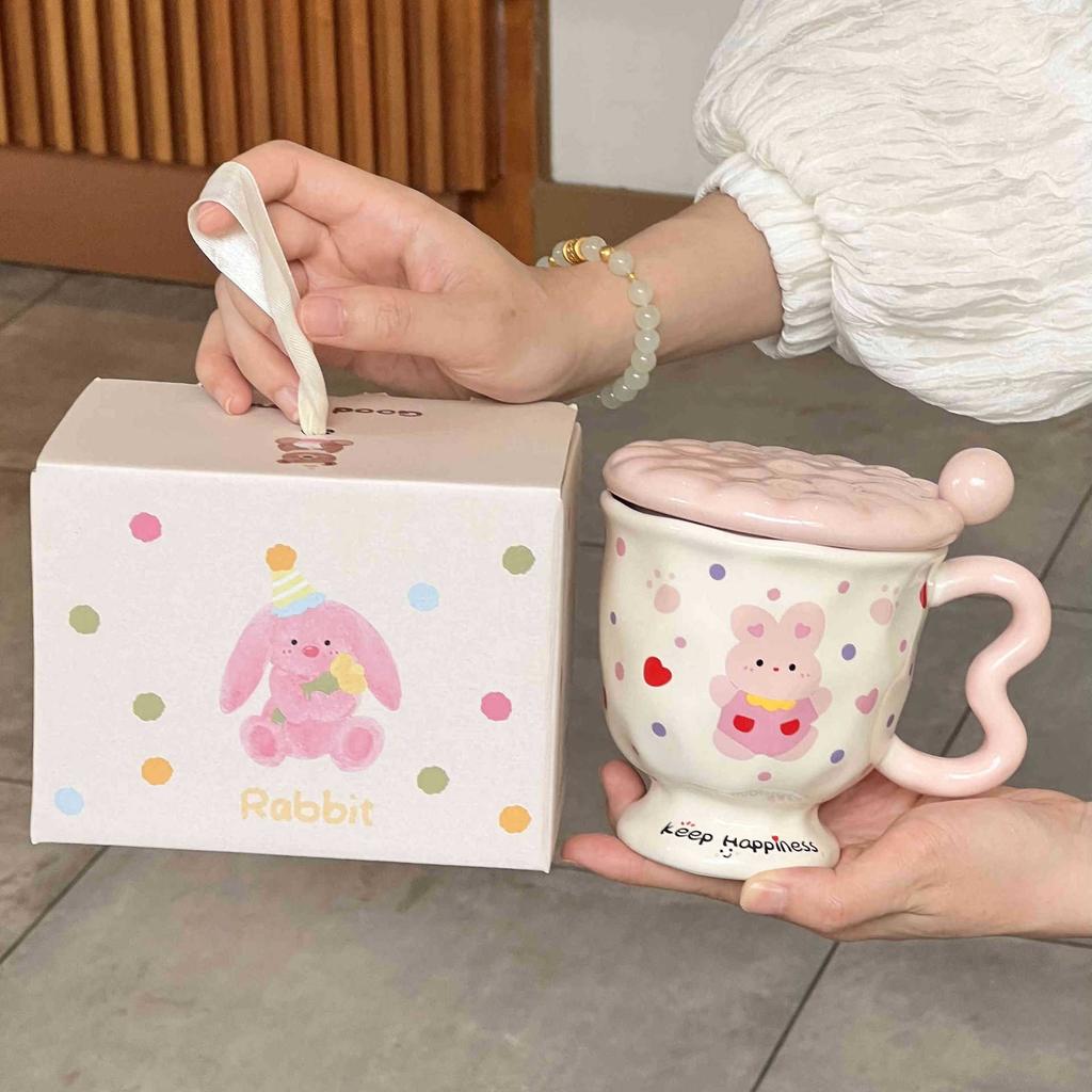 Girls' Heart Cute Rabbit Cup for Girls' Birthday Gift Souvenir High-value Ceramic Mug with Lid Spoon
