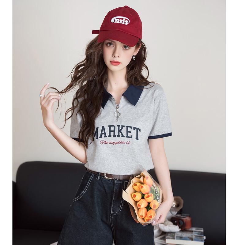 Women s Letter Print Half-Zip Polo T-Shirt S