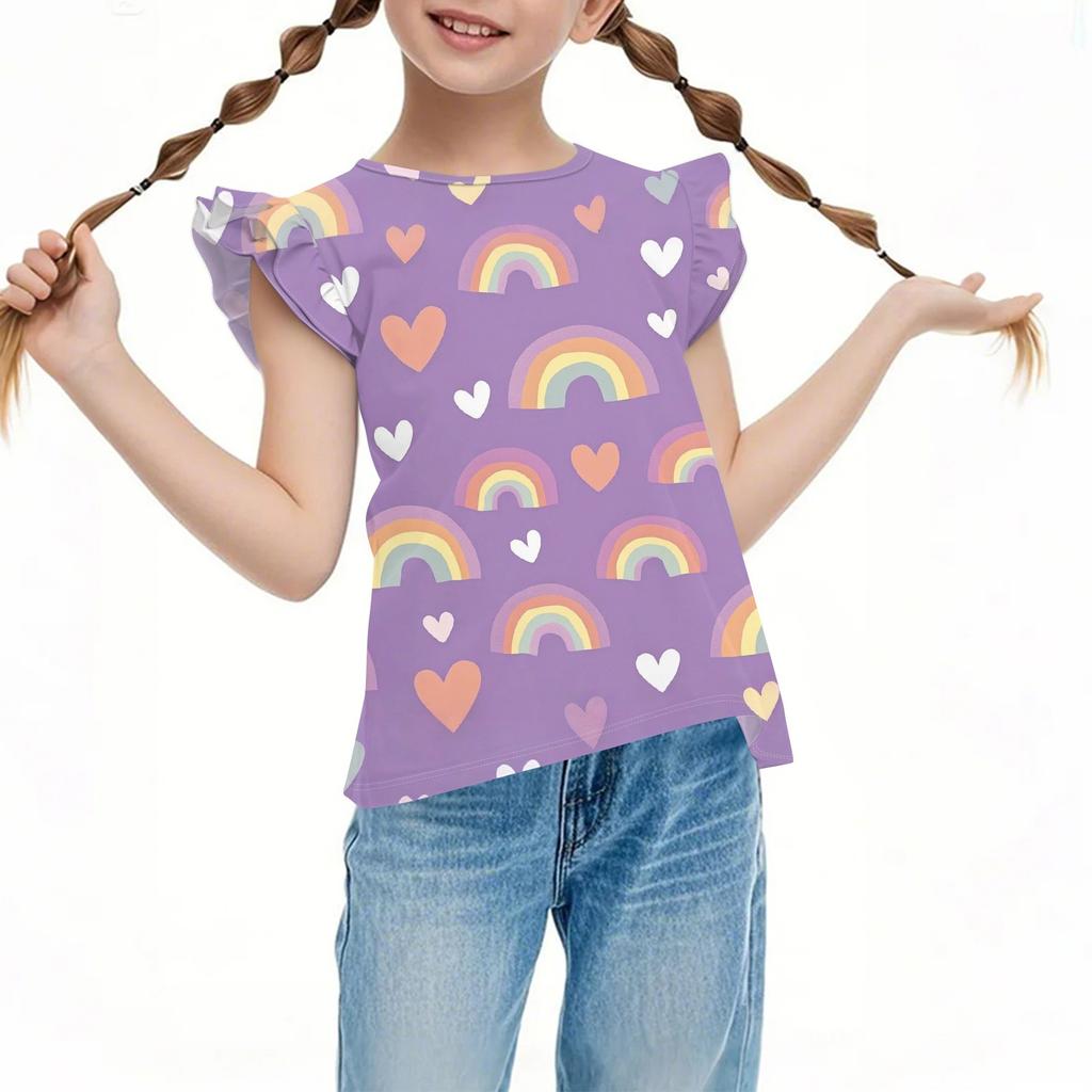 Children's Casual Short-Sleeved Pleated Cute Printed Round-Neck Solid-Color Top