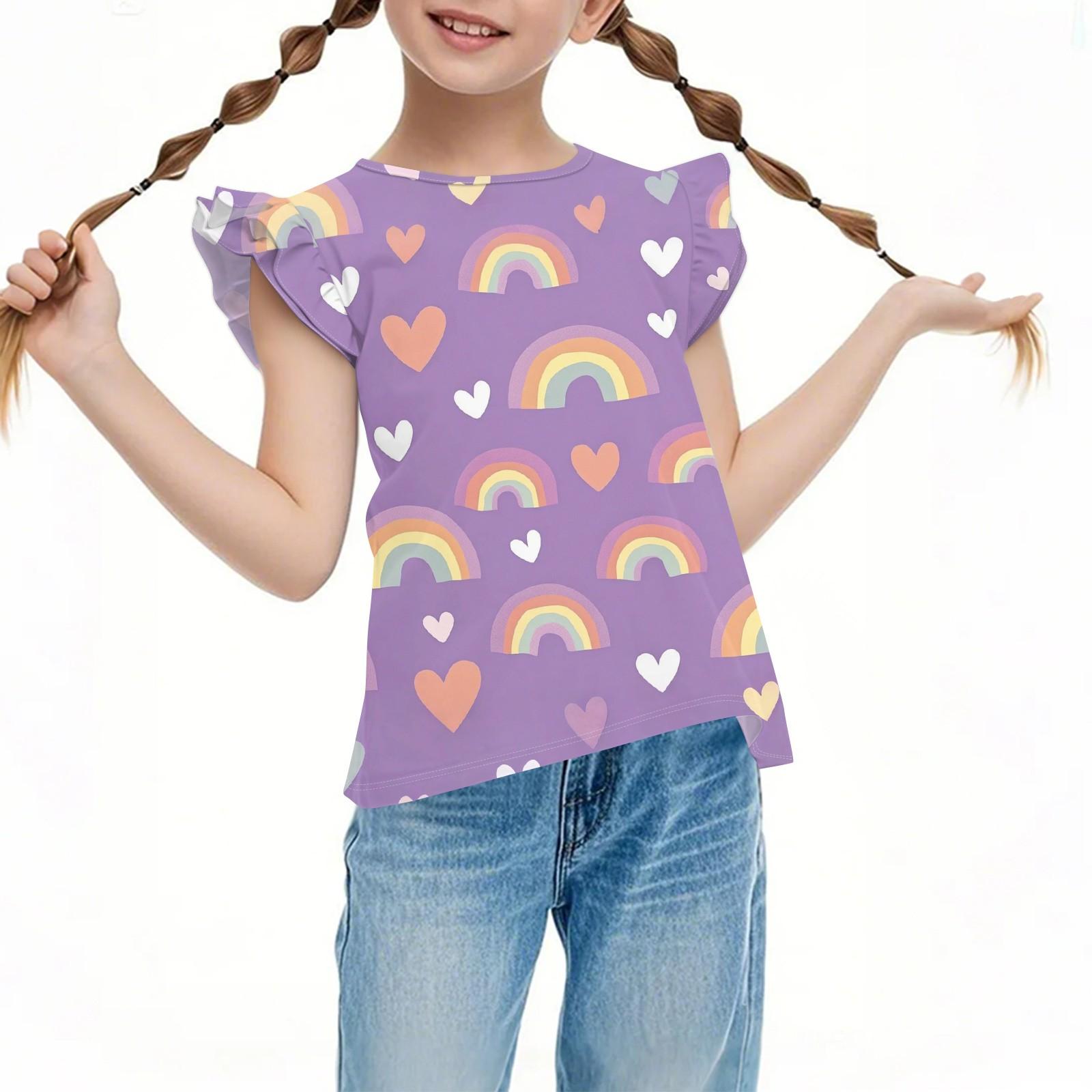 

Дитячий повсякденний топ з коротким рукавом, плісований, милий, з принтом, круглий виріз, однотонний 150 фіолетовий