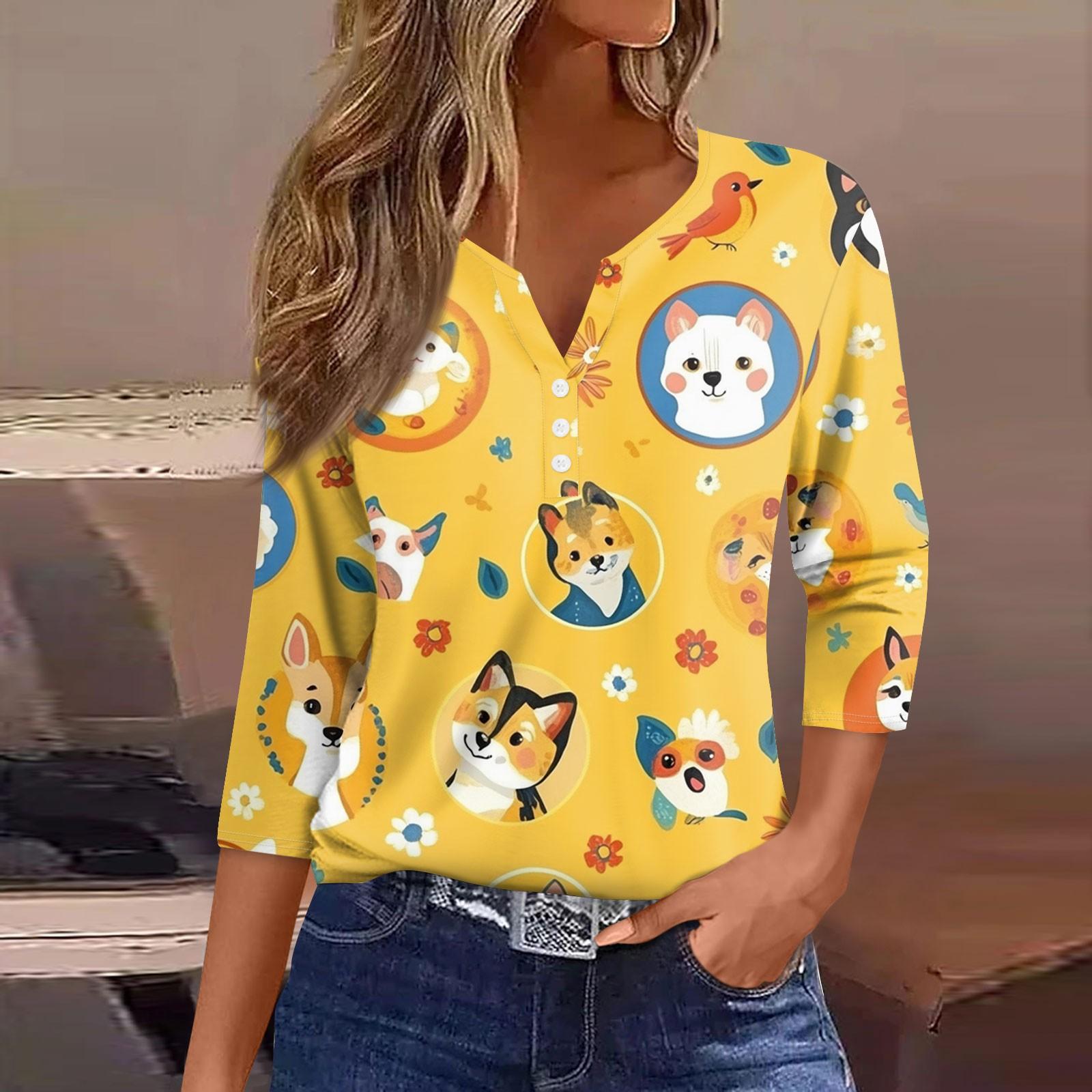 

Женская мода пуговиц V-образный вырез семь рукавов милый животный принт повседневный топ XL жёлтый