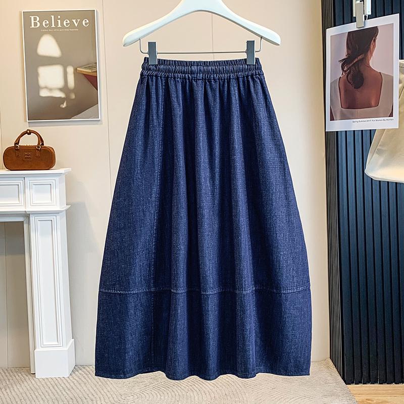 DIMANAF 2026 Summer Plus Size Women Skirts Elastic Waist Loose Denim Blue Oversize Casual Lady Long Skirts Cotton Solid