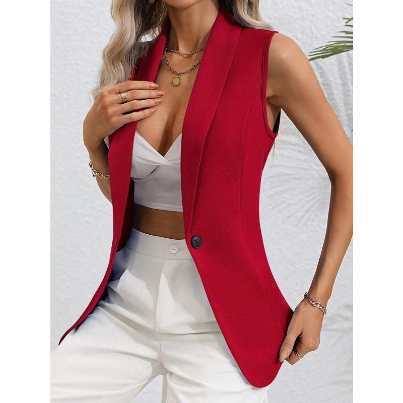 VEZFAA Mode Femme Décontracté Couleur Unie Imprimé Automne Hiver Sans Manches Col POLO Vestes & Manteaux