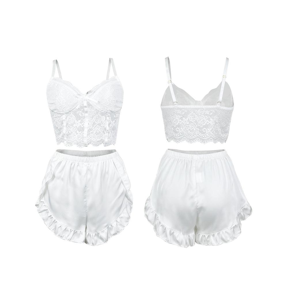 Feiyun Source European and American pajamas for women, white lace spaghetti strap lace shorts, home sexy set 111
