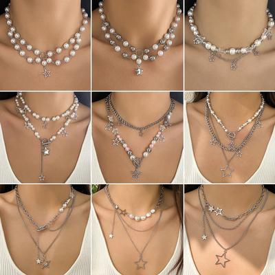Collier ras-du-cou Hip Hop Babes Étoile du Vent Pendentif Perle Ronde Imitation Perle Chaîne Métallique