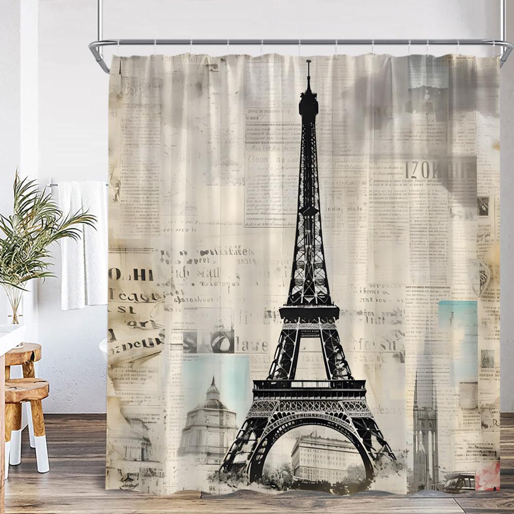 Paris Eiffel Tower Vintage Shower Curtain Purple Flower Old Newspaper Pattern Bathroom Decor Retro Bathtub Curtain with Hook