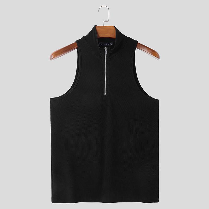 

INCERUN Мужские повседневные майки-топы на молнии без рукавов с воротником-стойкой, однотонные, летние 3XL чёрный