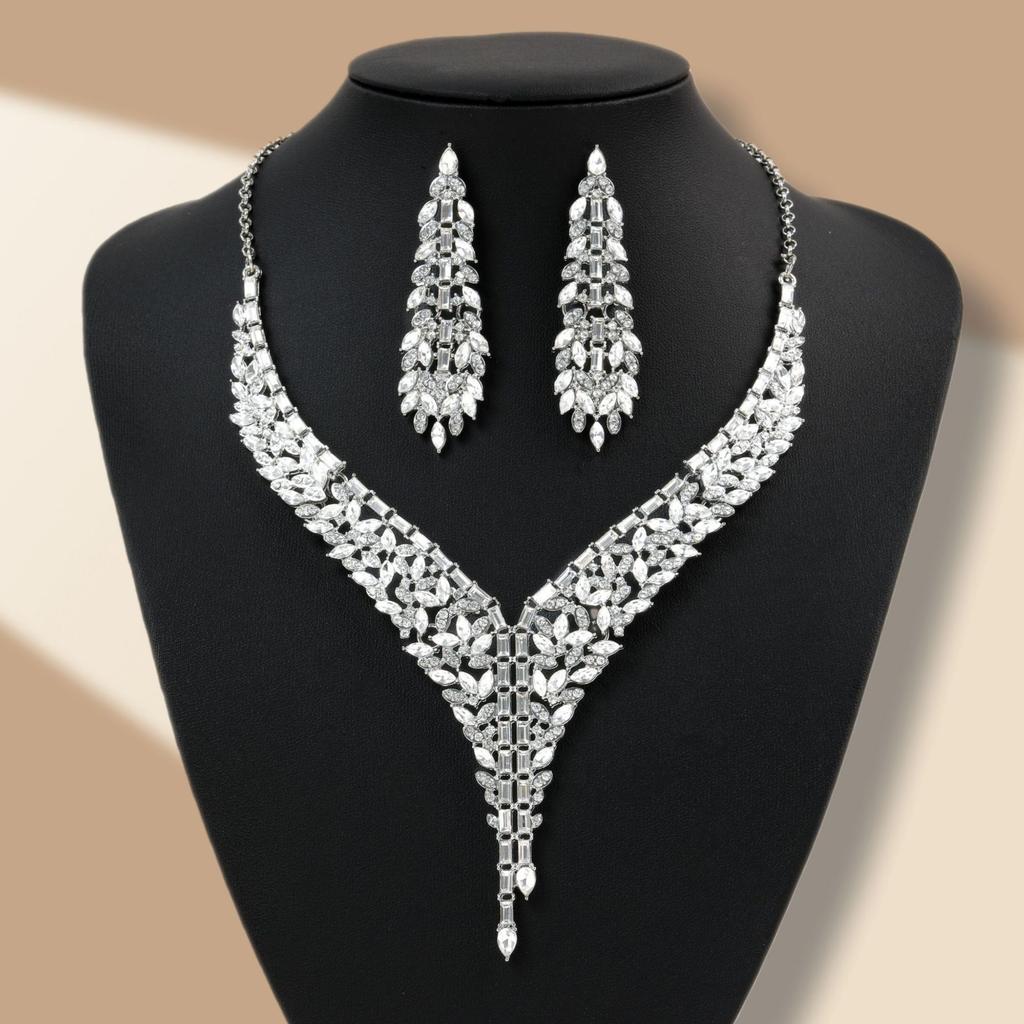 High Wedding Jewelry Full Diamond Bridal Dress Noble Necklace Earrings Jewelry Set