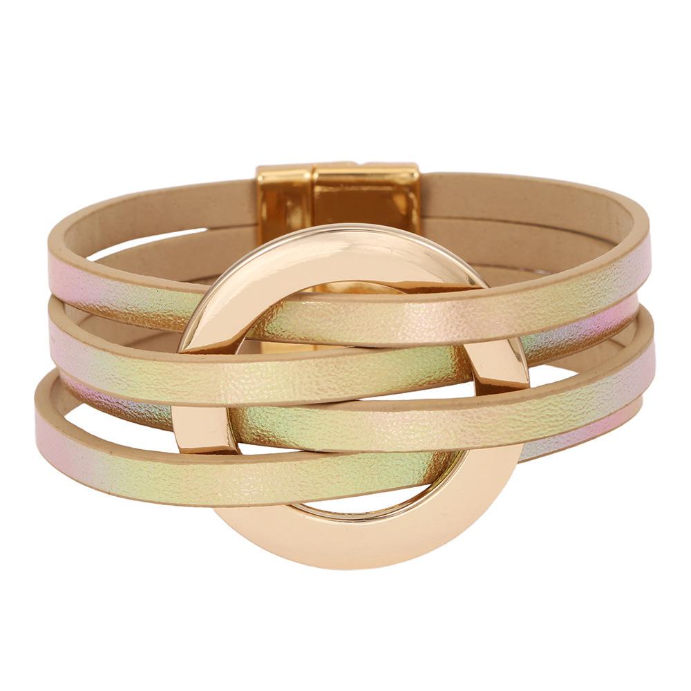 European & American Style Women's Multi-layer Cross Leather Bracelet with Large Metal Cuff Circle.